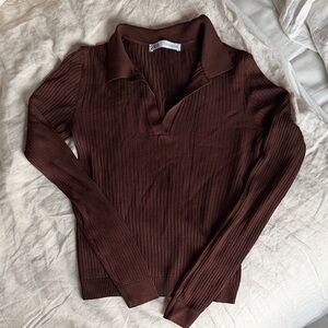 Zara Brown Ribbed Long Sleeve Polo Sweater